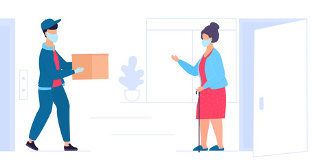 A courier in a protective medical mask brought the parcel to grandmother to the door. Order food. Safe delivery. Help for the elderly. Quarantine. Self isolation. Volunteer.