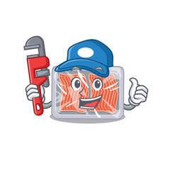 Frozen salmon Smart Plumber cartoon character design with tool