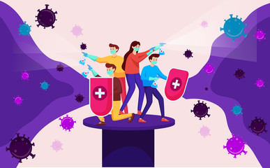 people fight the corona covid-19 virus. fight against the corona virus. protect yourself from viruses with shields and disinfectant sprays. modern flat vector illustration design concepts