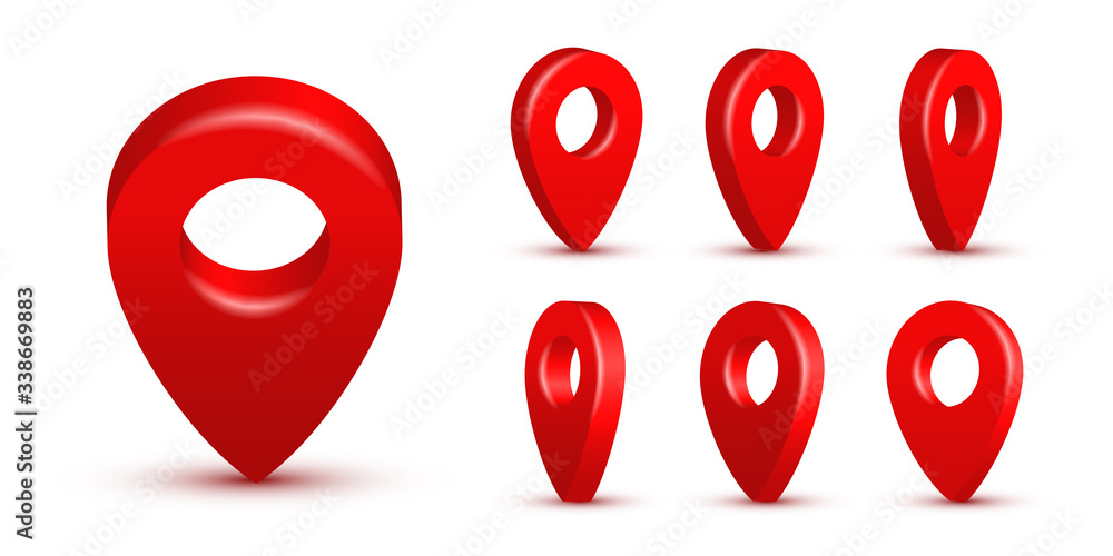 Poster Shiny red realistic map pins set. Vector 3d pointers isolated on white background. Location symbols in various angles