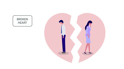 Sad couple standing near big broken heart. Man and woman break up, divorce. Design for Poster, web, social media, banner, presentation. Flat design vector illustration.