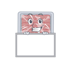 Smiling frozen smoked bacon cartoon design style has a board