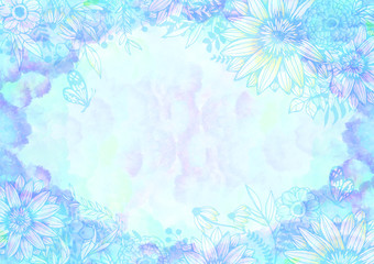 Fototapeta na wymiar 水彩と花柄の背景素材　レトロ　植物柄　絵の具　青色　水色