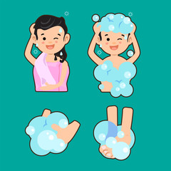 Cartoon character take a bath washing hand and feet.