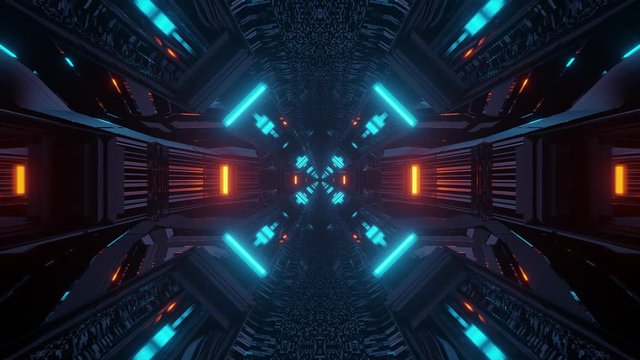 Symetric scifi neon tunnel seamless loop animation 3d render.