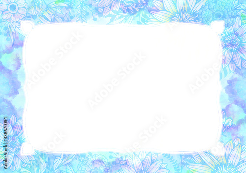 水彩と花柄の背景素材 レトロ 植物柄 絵の具 青色 水色 Wall Mural Aoirokaeru