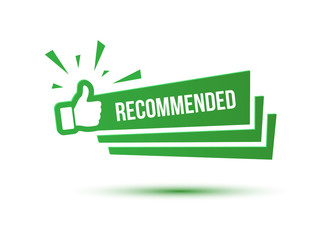 Recommended green banner with like sign thumbs up gesture isolated on white background.