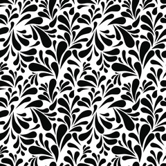 Drops silhouettes black and white abstract background, vector seamless pattern
