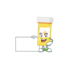 Medicine bottle cartoon character concept Thumbs up having a white board