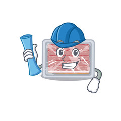 Cartoon character of frozen smoked bacon brainy Architect with blue prints and blue helmet