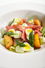 Tuna salad, baked potatoes and boiled quail eggs