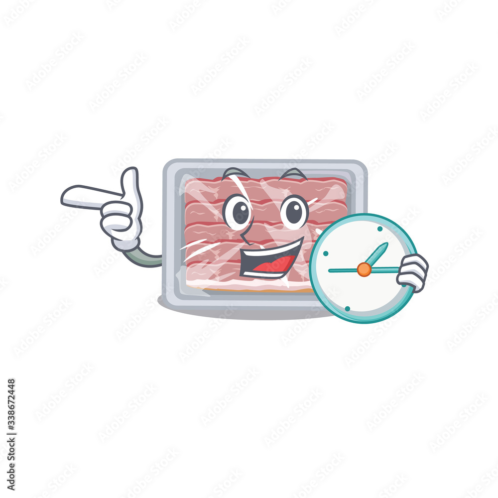 Sticker Frozen smoked bacon mascot design concept smiling with clock