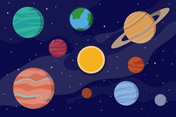 Vector set of planets, solar system in cartoon style. Space or cosmos background. Flat illustration with isolated elements.  © Yulia Mei