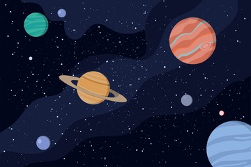 Space and planets of solar system. Cosmos background with stars, galaxy, nebula. Vector illustration in cartoon style. Flat design with isolated elements. © Yulia Mei