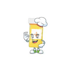 Medicine bottle cartoon design style proudly wearing white chef hat