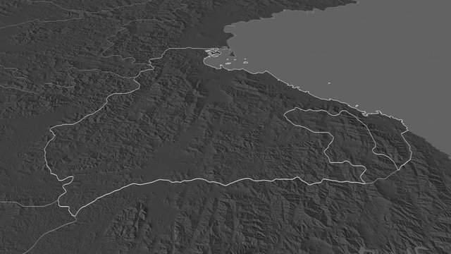 Kangwŏn-do, province with its capital, zoomed and extruded on the bilevel map of North-Korea in the conformal Stereographic projection. Animation 3D