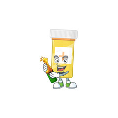 Mascot cartoon design of medicine bottle making toast with a bottle of beer