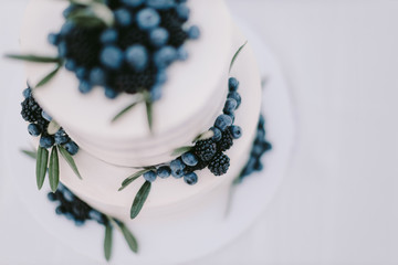 white wedding cake with blueberry and blackberry