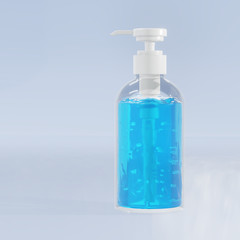 Hygiene concept with alcohol gel bottle for hand sanitizer and antibacterial on blue background. 3d render.
