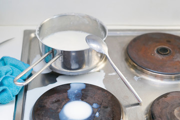 Spilled milk on a stove top