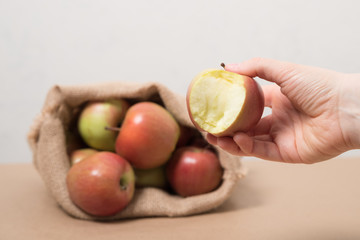 Apples in a fabric bag. Female hand holds an apple.