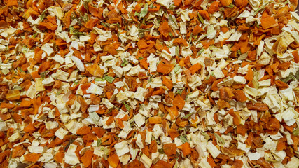 Many dried spicy herb and vegetables for food aroma. Chopped Dried ready for cooking.