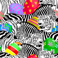 Zebra and tiger seamless pattern with colorful Easter eggs. Savannah Animal ornament. Wild animal design trendy fabric texture, illustration.