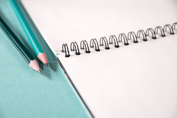 Closeup of pencils and an open daily planner on green background. business or educational concept.