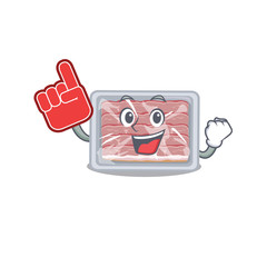 Frozen smoked bacon presented in cartoon character design with Foam finger