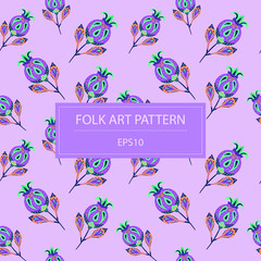 Retro folk floral art vector repeated pattern in pink purple for design wallpaper, background, decoration, textile, paper wrapping - 338677263