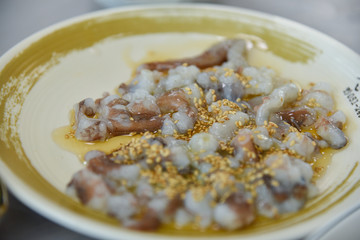 Busan city, South Korea - OCT 31, 2019: Sannakji is small octopus sashimi.
