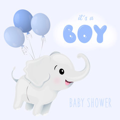 Baby shower. It's a boy. Cute cartoon elephant flies on balloons. Isolated vector illustration.