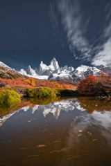 Reflecting of Fitz Roy Mountain in autumn, Patagonia, Argentina.