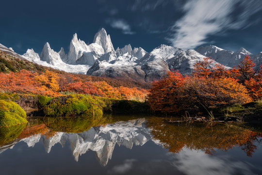 Reflecting of Fitz Roy Mountain in autumn, Patagonia, Argentina. - Powered by Adobe