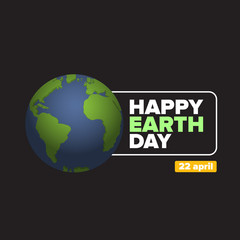 World earth day greeting card or banner with earth globe in black space. Vector World earth day concept illustration with planet isolated on black background