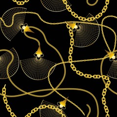  Gold chains and jewelry on a delicate black background.  Seamless vector pattern for fabric and wallpaper