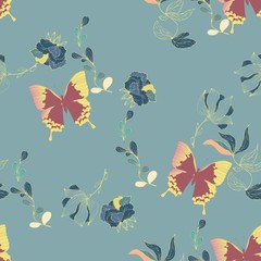 Seamless vector floral pattern of butterflies and inflorescences of flowers in elegant curls on a turquoise, light blue background.