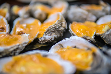 Oysters in a pan in a creamy sauce and cheese. Against a table background