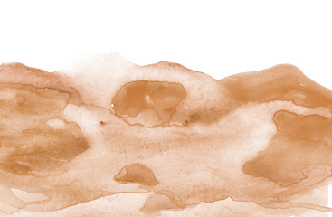 Watercolor yellow, brown hill, hillock, grass. Desert, sand. Summer, autumn landscape on white isolated background. The color splashing on the paper. Abstract blot, background. Desert landscape