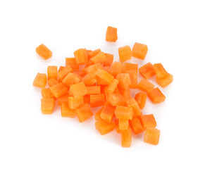 Mini brunoise carrots isolated on white background, Top view.