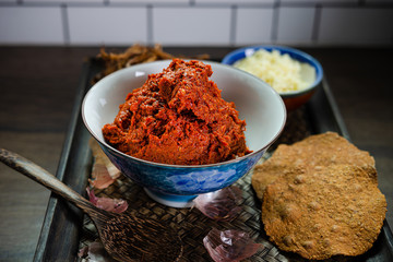 ingredient of thai spicy soup in ceramic bowl. Thaifood