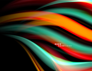 Silk smooth lines on black, liquid fluid color waves. Vector Illustration