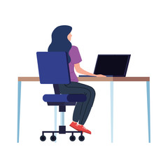 beautiful woman with desk in workplace vector illustration design