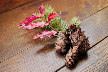 Pine cones, fronds and holly on a retro wooden table
