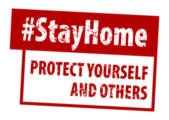 Stamp PROTECT YOURSELF AND OTHERS in red.  Hashtag Stay Home rule square rubber seal stamp.  PROTECT YOURSELF AND OTHERS rubber stamp on white background your web site design, UI.  EPS10. 