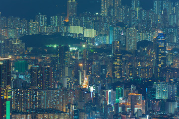 Naklejka premium Night scene of aerial view of Hong Kong city