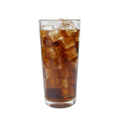 Glass of Cola Carbonated or Aerated Waters with ice cubes isolated on white background.drink and refreshment concept