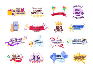 Grand opening set label typography graphic design. Opening labels banners event template with gift boxes. Layout for sale, advertising, banner, promo poster, promotion announce tag, sticker vector
