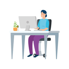 woman with desk and computer in workplace vector illustration design