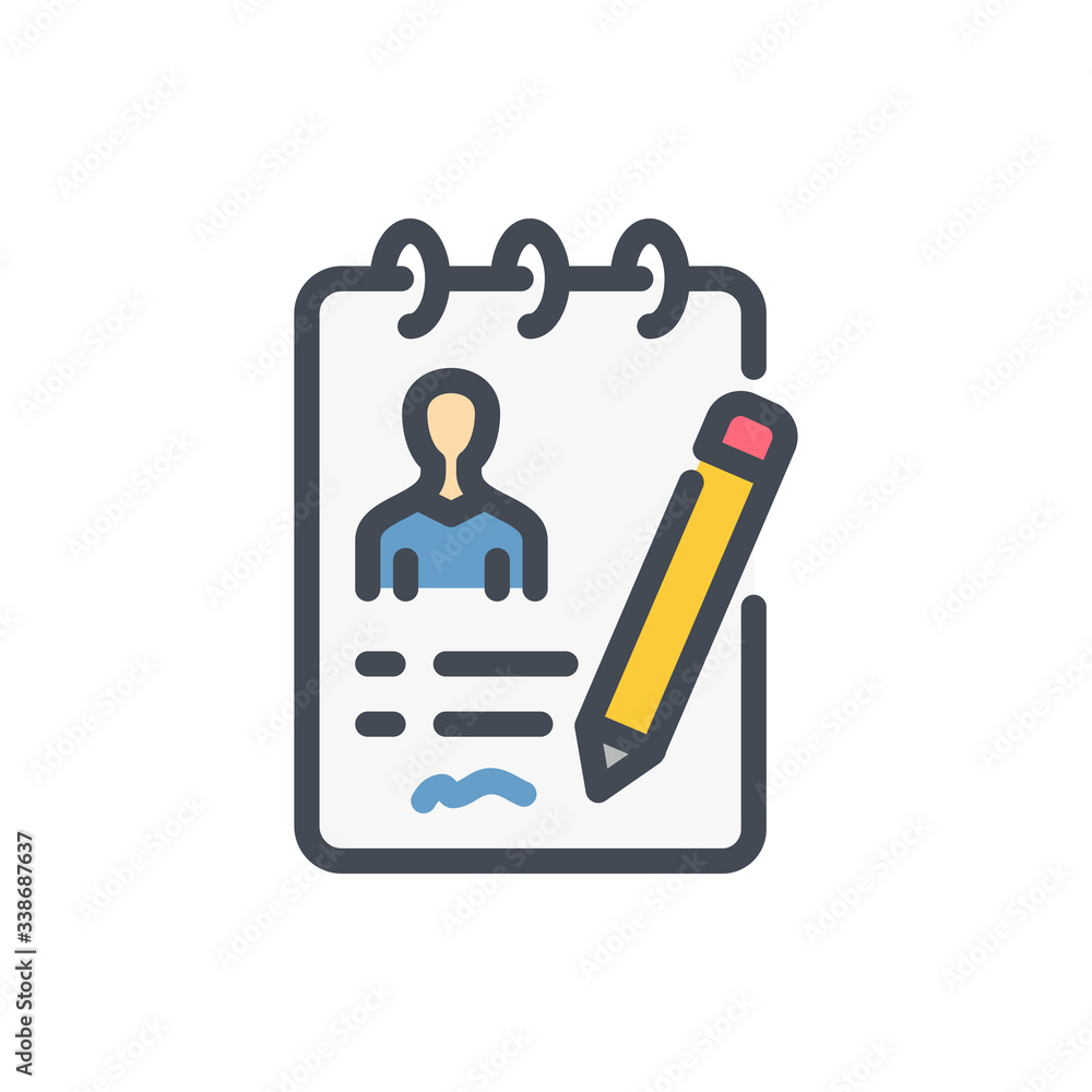 Poster signing a contract color line icon. writing to notebook vector outline colorful sign.